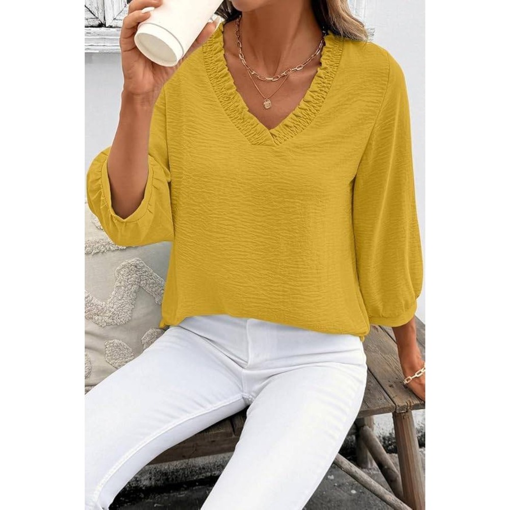 MSRP $18 SHEWIN Women's XL Smocked Neck Top 3/4 Sleeve Loose Fit Shirt Yellow